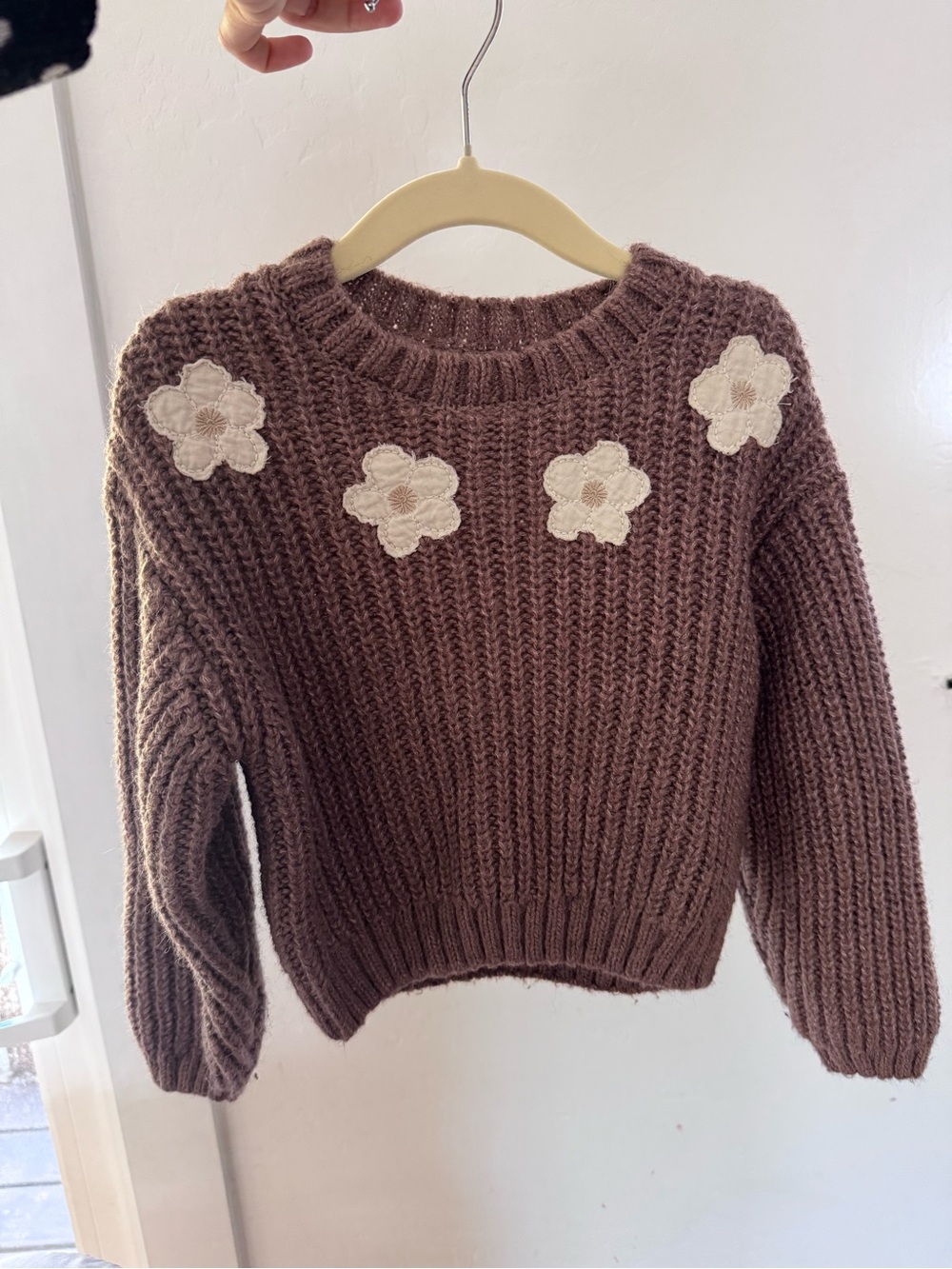 Zara Brown Chunky Knit Sweater with Cream Floral Appliqués